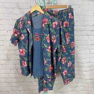 Vintage Denim Floral shirt pantsuit cropped pants Resortwear embroidered large